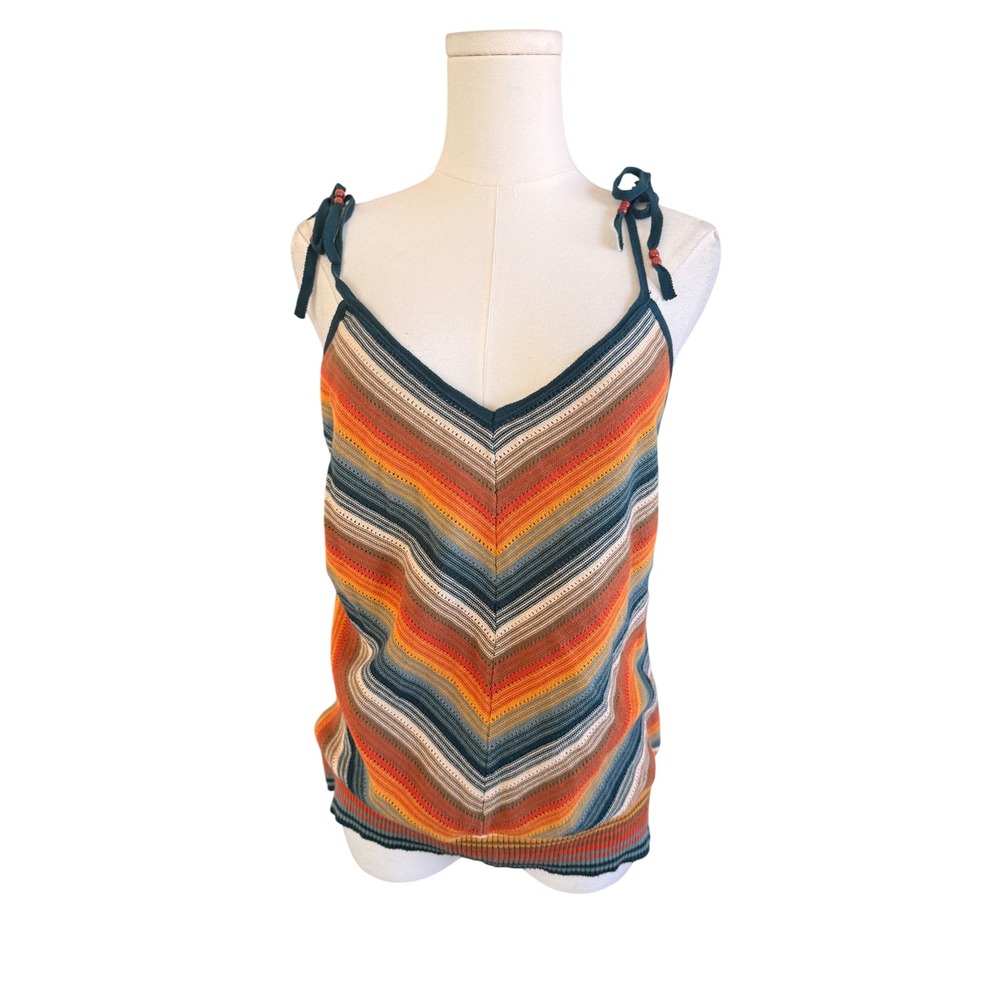 Shyanne Multi Color Chevron Knit Cotton Camisole Tank Top Beaded Straps Large